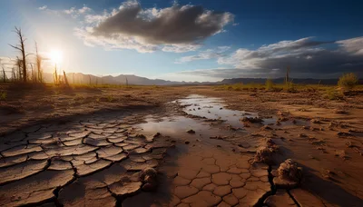 Cracked Dry Earth Landscape Under A Sunset Sky