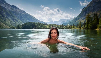 Woman Swimming In A Serene Alpine Lake