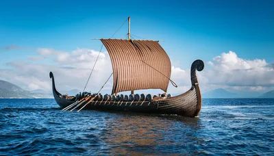 Viking Longship Sailing Across Open Ocean Waters