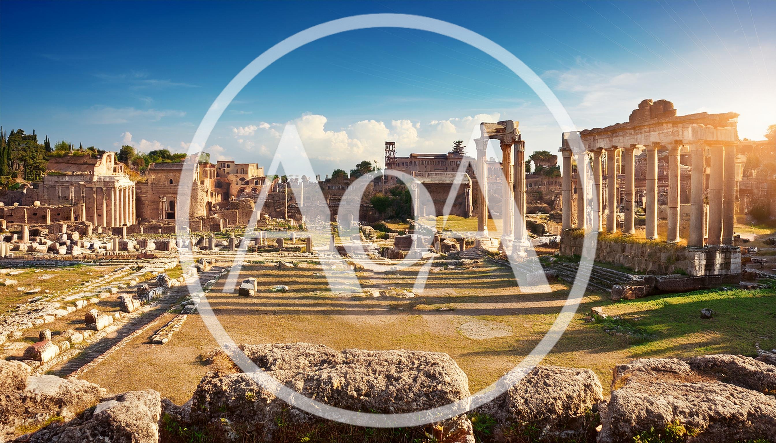 Ancient Roman Forum Ruins Under Bright Blue Sky