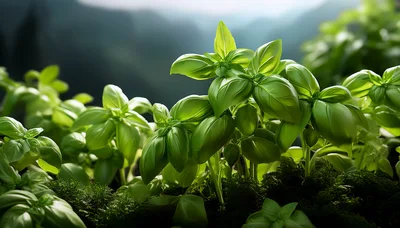 Fresh Green Basil Plants Growing In Mossy Soil