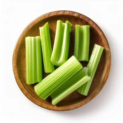 Fresh Celery Sticks On A Wooden Plate