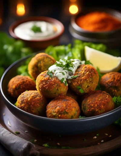 Bowl Of Crispy Fried Falafel With Yogurt Sauce