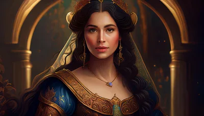 Portrait Of A Regal Medieval Queen In Ornate Attire