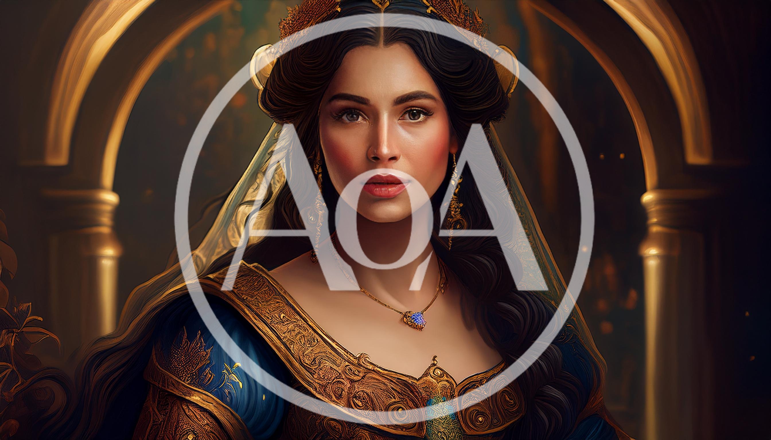 Portrait Of A Regal Medieval Queen In Ornate Attire