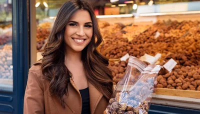 Smiling Woman Holding Bag Of Nuts At Market