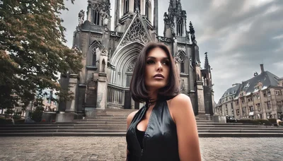 Stylish Woman Posing In Front Of Gothic Cathedral