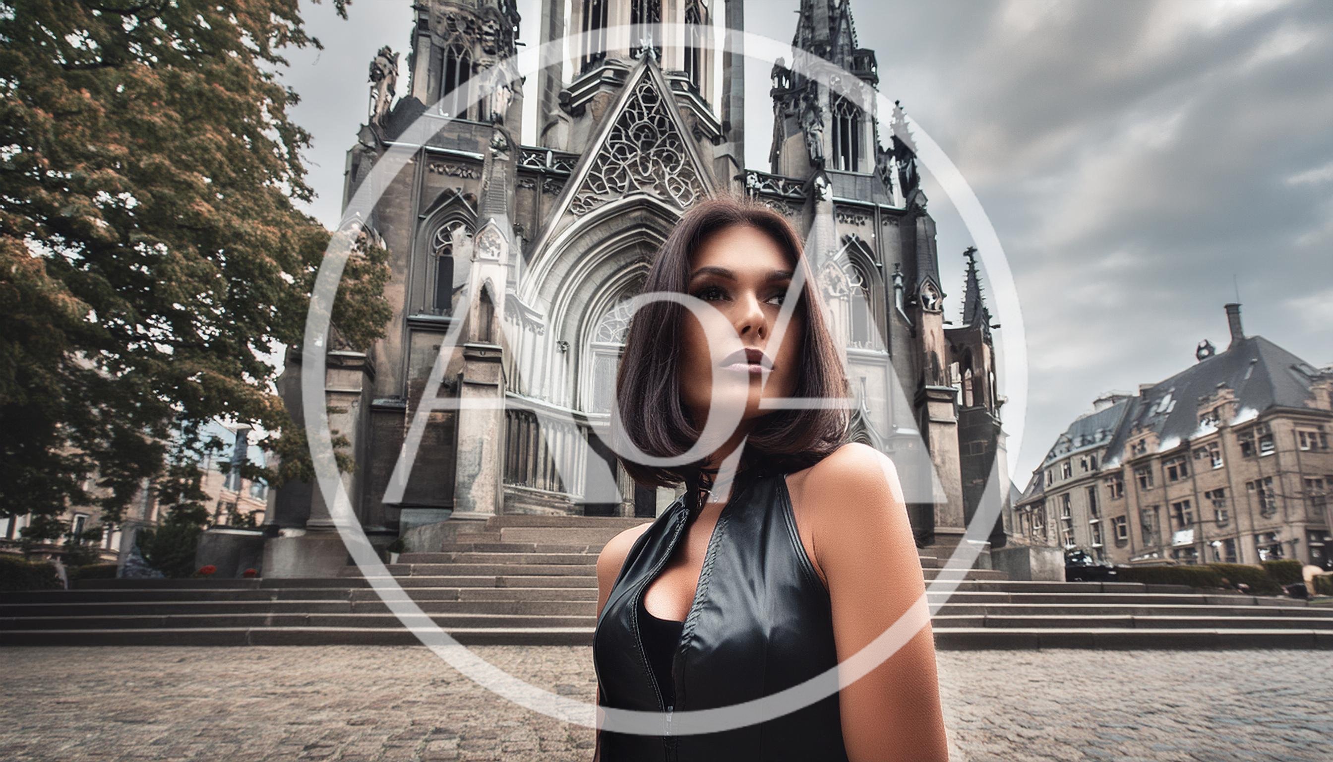 Stylish Woman Posing In Front Of Gothic Cathedral