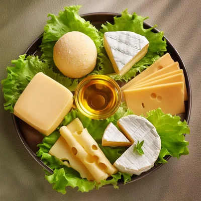 Assorted Cheese Platter With Honey And Lettuce