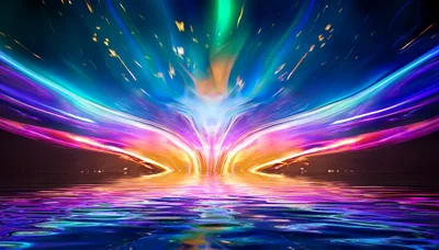 Abstract Neon Light Waves Reflecting On Water Surface