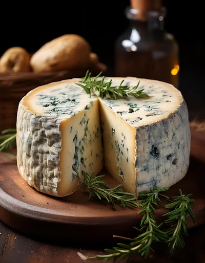 Wheel Of Blue Cheese With Rosemary Garnish