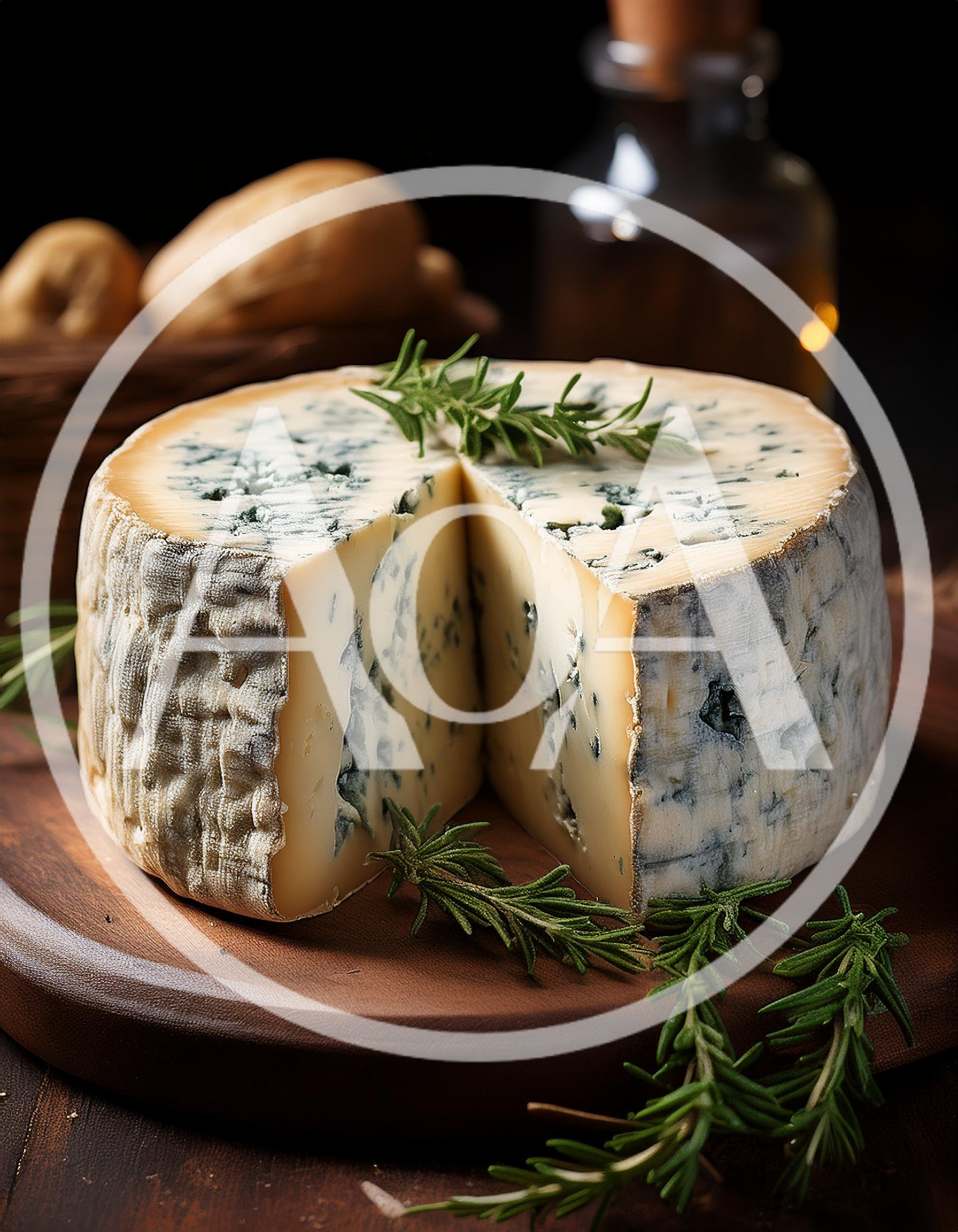 Wheel Of Blue Cheese With Rosemary Garnish