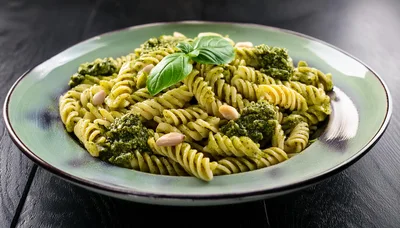 Fusilli Pasta With Pesto Sauce And Pine Nuts
