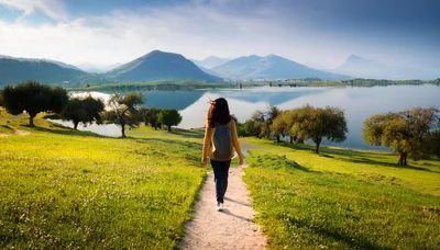 Woman Hiking On A Scenic Trail By A Lake