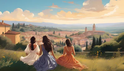 Three Women Sitting On A Hillside Overlooking A Tuscan Town