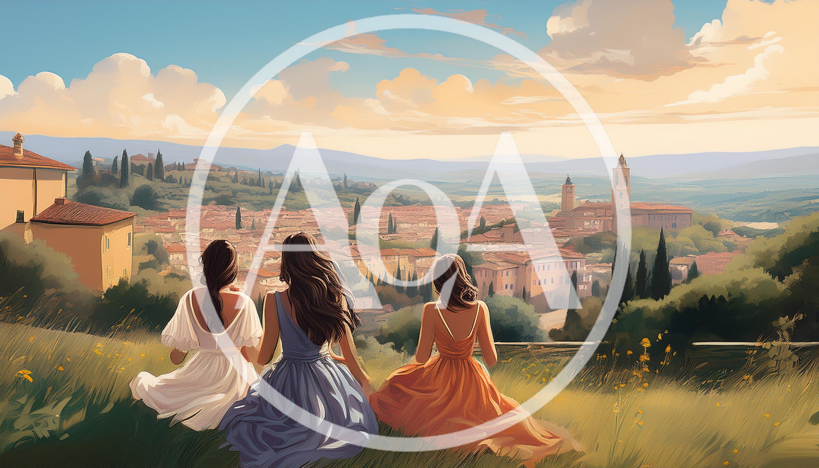 Three Women Sitting On A Hillside Overlooking A Tuscan Town