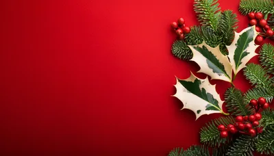 Christmas Holly and Pine Branches on Red Background