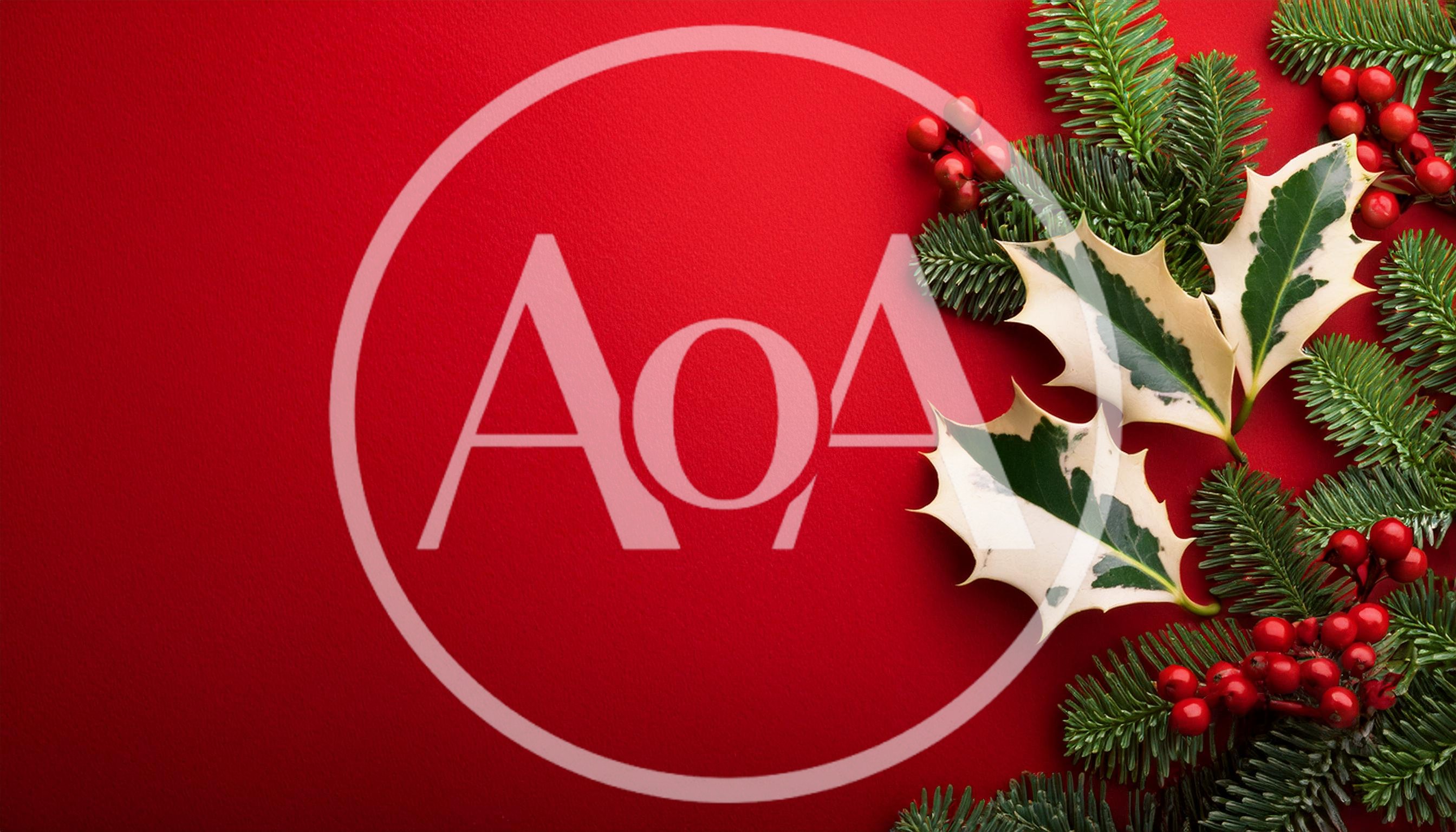 Christmas Holly and Pine Branches on Red Background