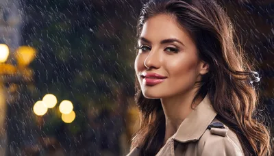 Beautiful Woman Smiling In The Rain At Night