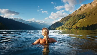 Woman Swimming In A Mountain Lake
