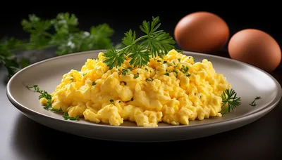 Plate Of Fluffy Scrambled Eggs With Fresh Herbs