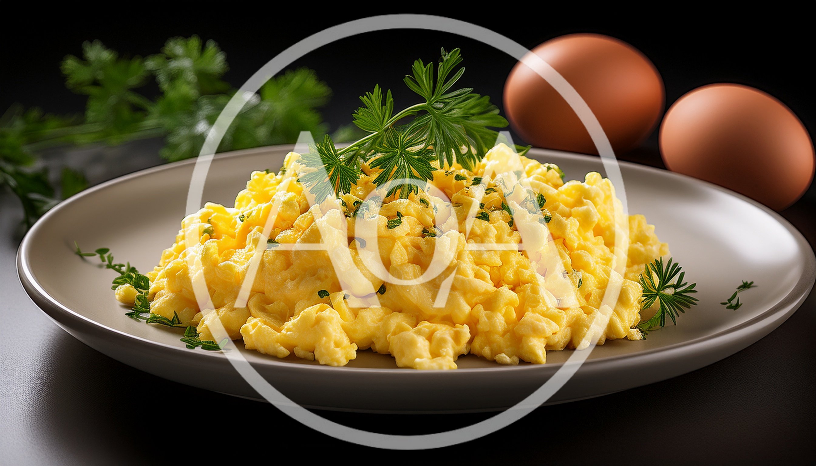 Plate Of Fluffy Scrambled Eggs With Fresh Herbs