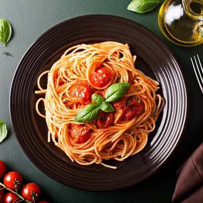 Spaghetti Pasta With Tomato Sauce And Fresh Basil