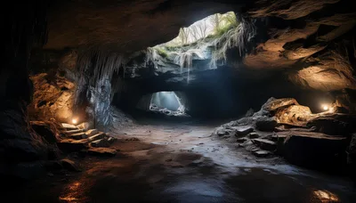 Illuminated Underground Cave Entrance With Natural Light