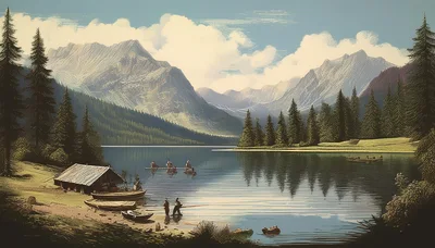 Scenic Mountain Lake Landscape With Fishermen And Wooden Cabins