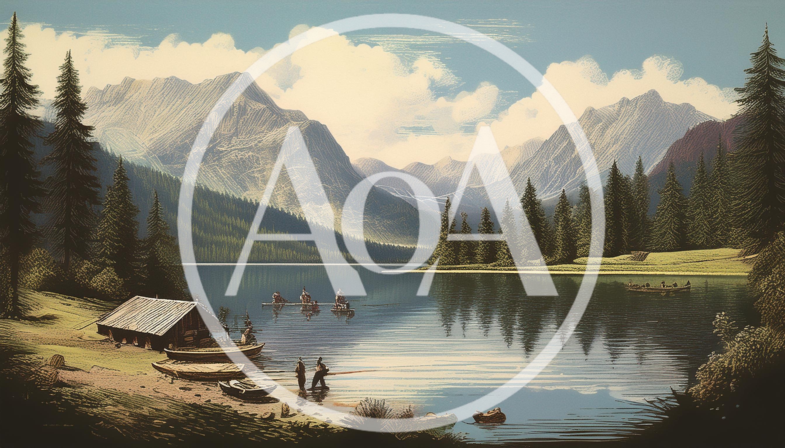 Scenic Mountain Lake Landscape With Fishermen And Wooden Cabins