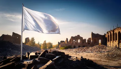 White Flag Waving Over War Torn Ruined City