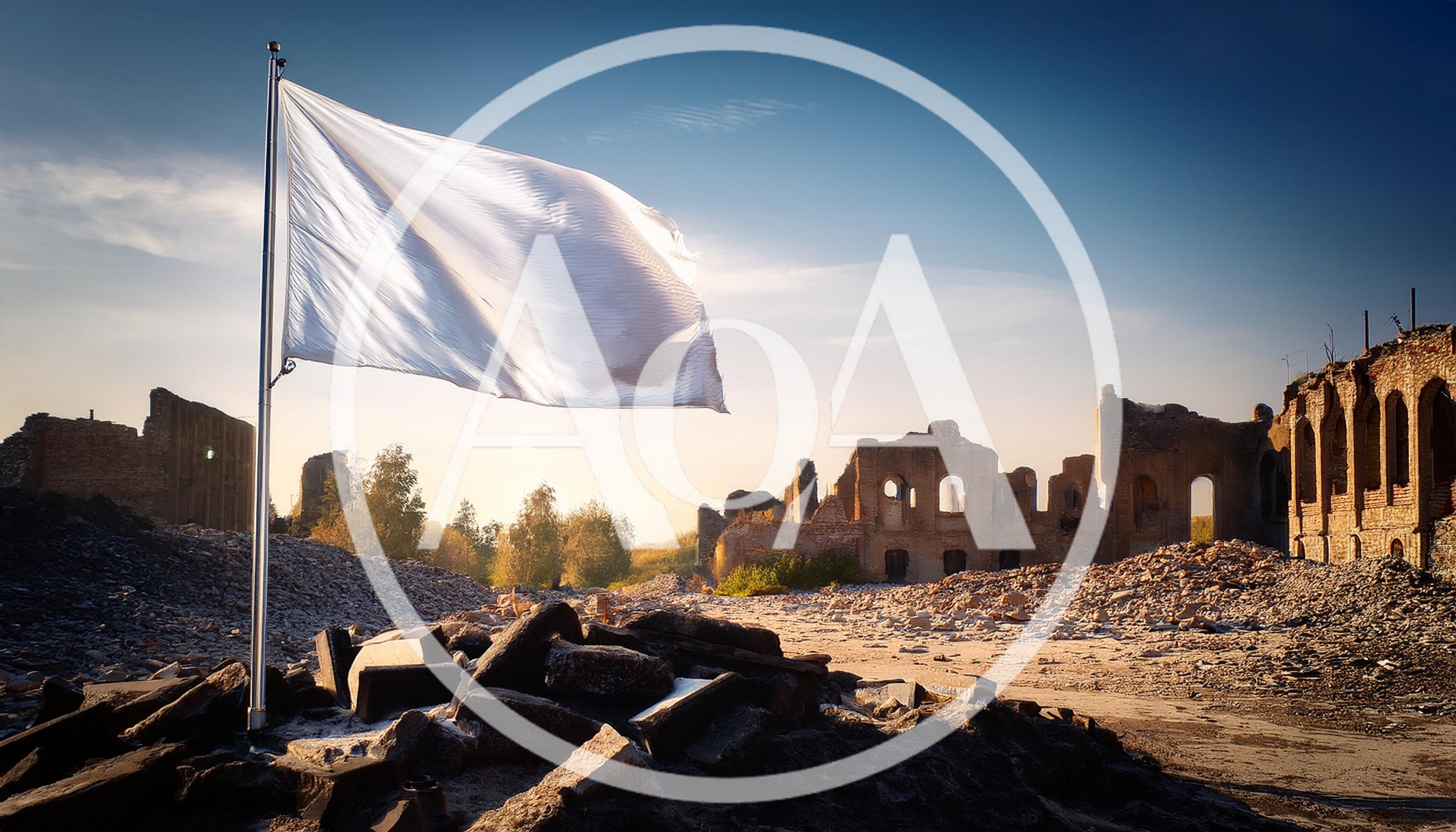 White Flag Waving Over War Torn Ruined City