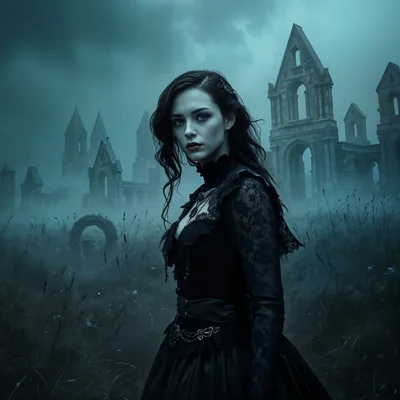 Gothic Woman Standing Before Ancient Ruined Cathedral