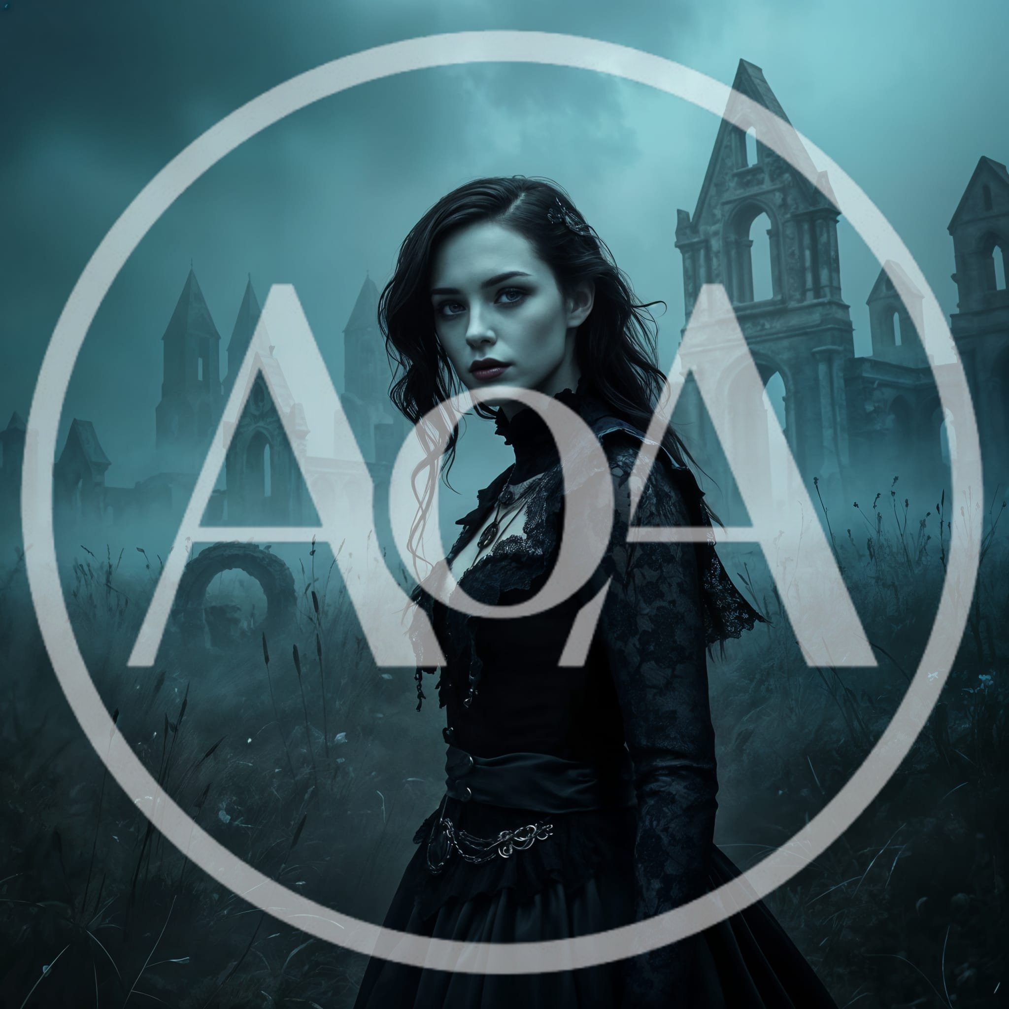 Gothic Woman Standing Before Ancient Ruined Cathedral