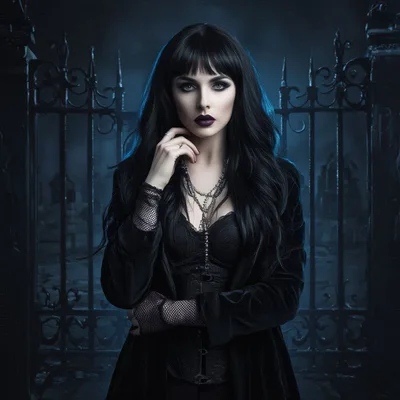Gothic Woman Standing Before An Iron Cemetery Gate