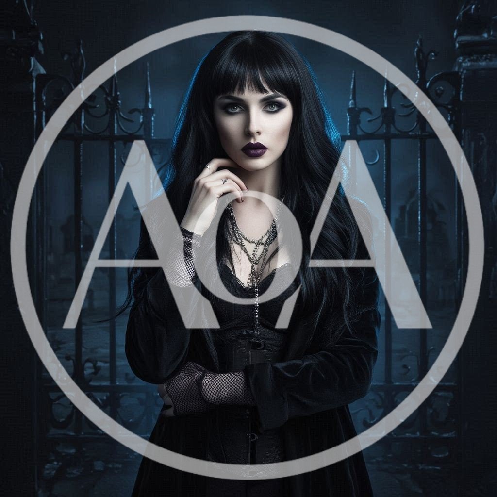 Gothic Woman Standing Before An Iron Cemetery Gate