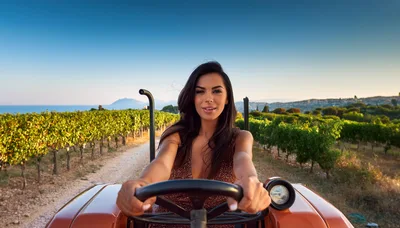 Beautiful Woman Driving A Tractor Through A Vineyard