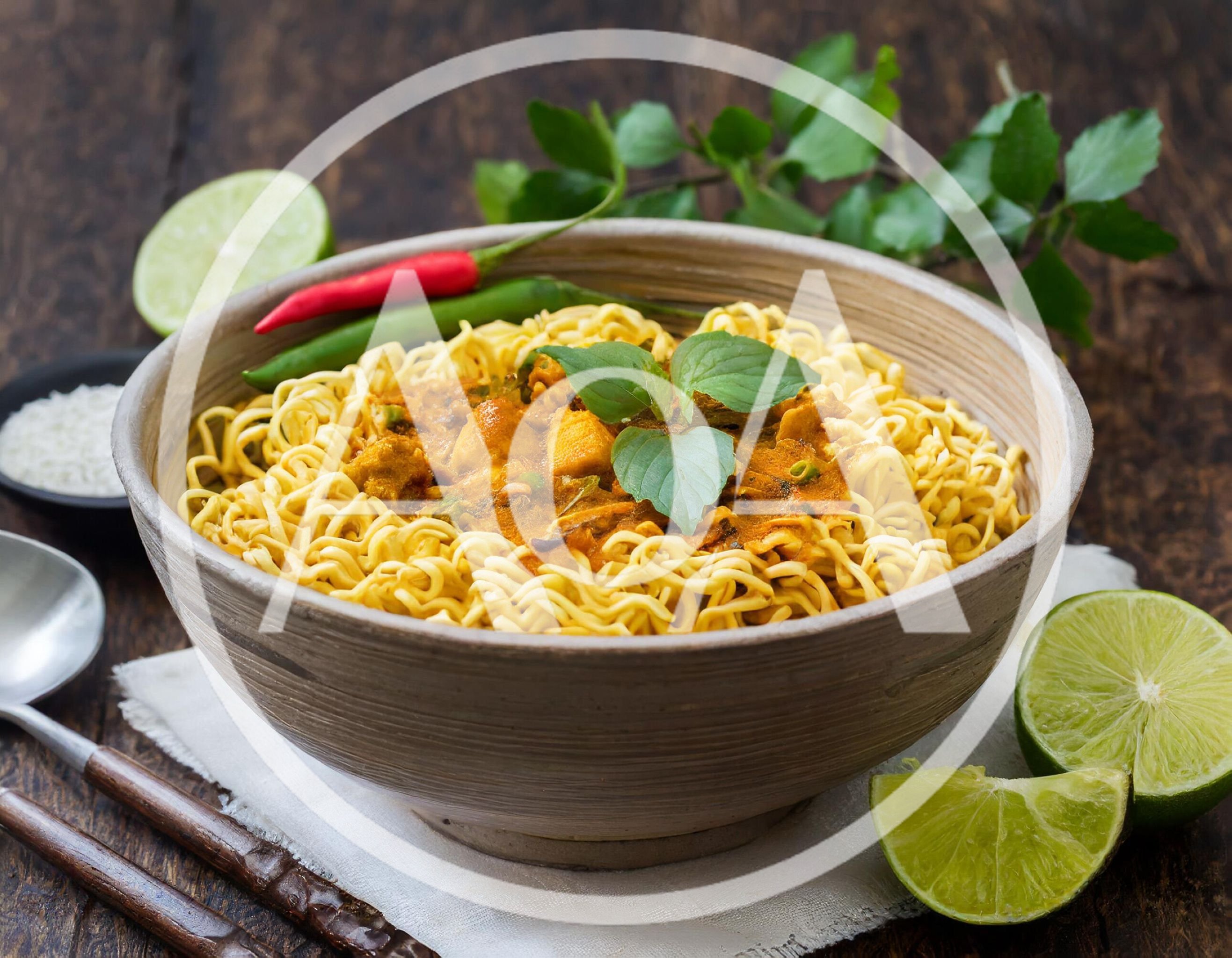 Bowl Of Spicy Thai Curry Noodles With Lime