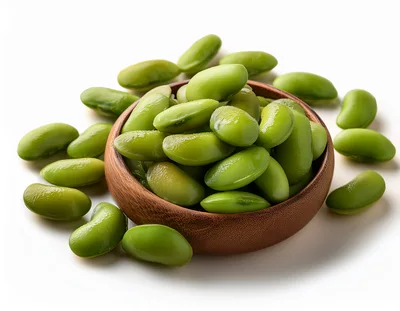 Fresh Green Edamame Beans In A Wooden Bowl