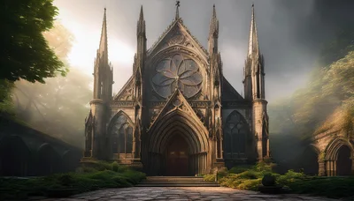 Gothic Cathedral Architecture In A Misty Forest Setting