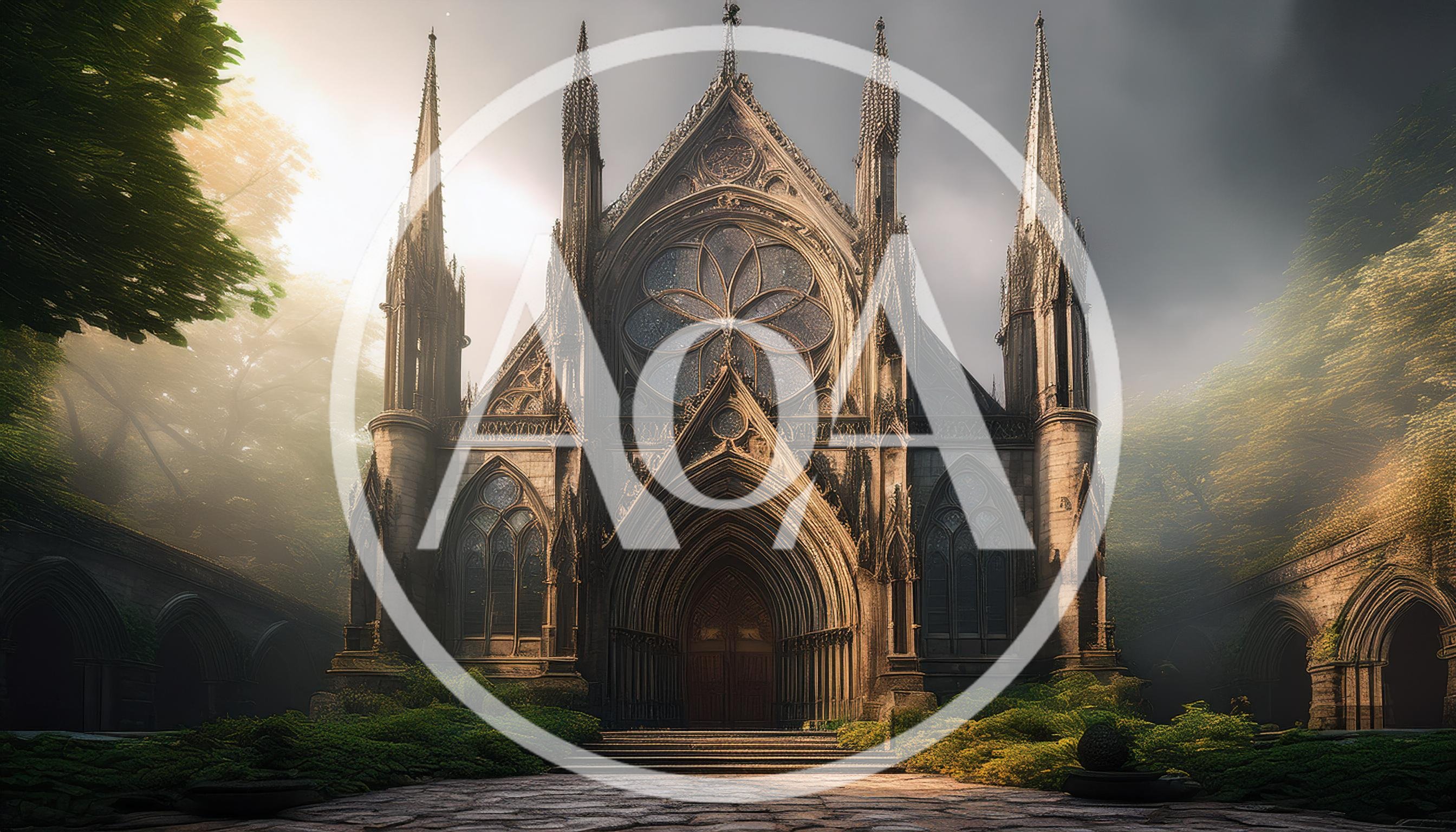 Gothic Cathedral Architecture In A Misty Forest Setting
