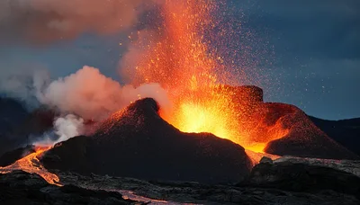 Volcanic Eruption With Glowing Lava Fountains And Smoke