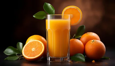 Glass Of Fresh Orange Juice With Whole And Sliced Oranges