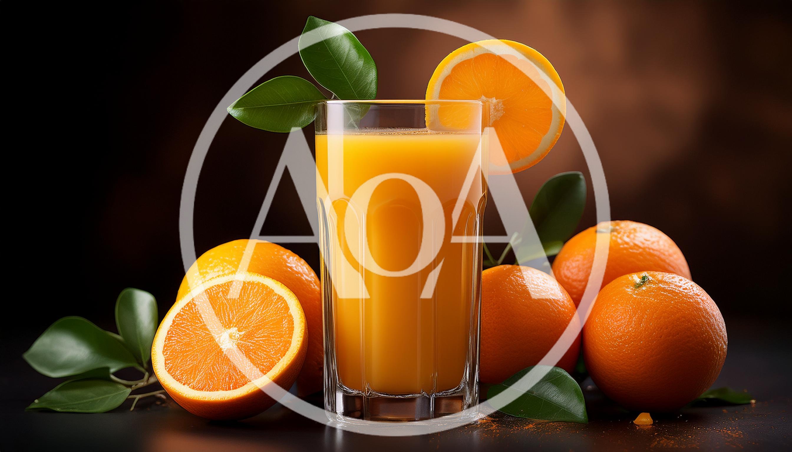 Glass Of Fresh Orange Juice With Whole And Sliced Oranges