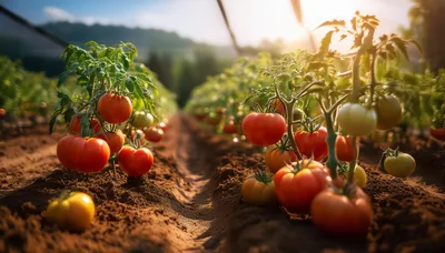 Ripe Tomatoes Growing In A Sunny Greenhouse