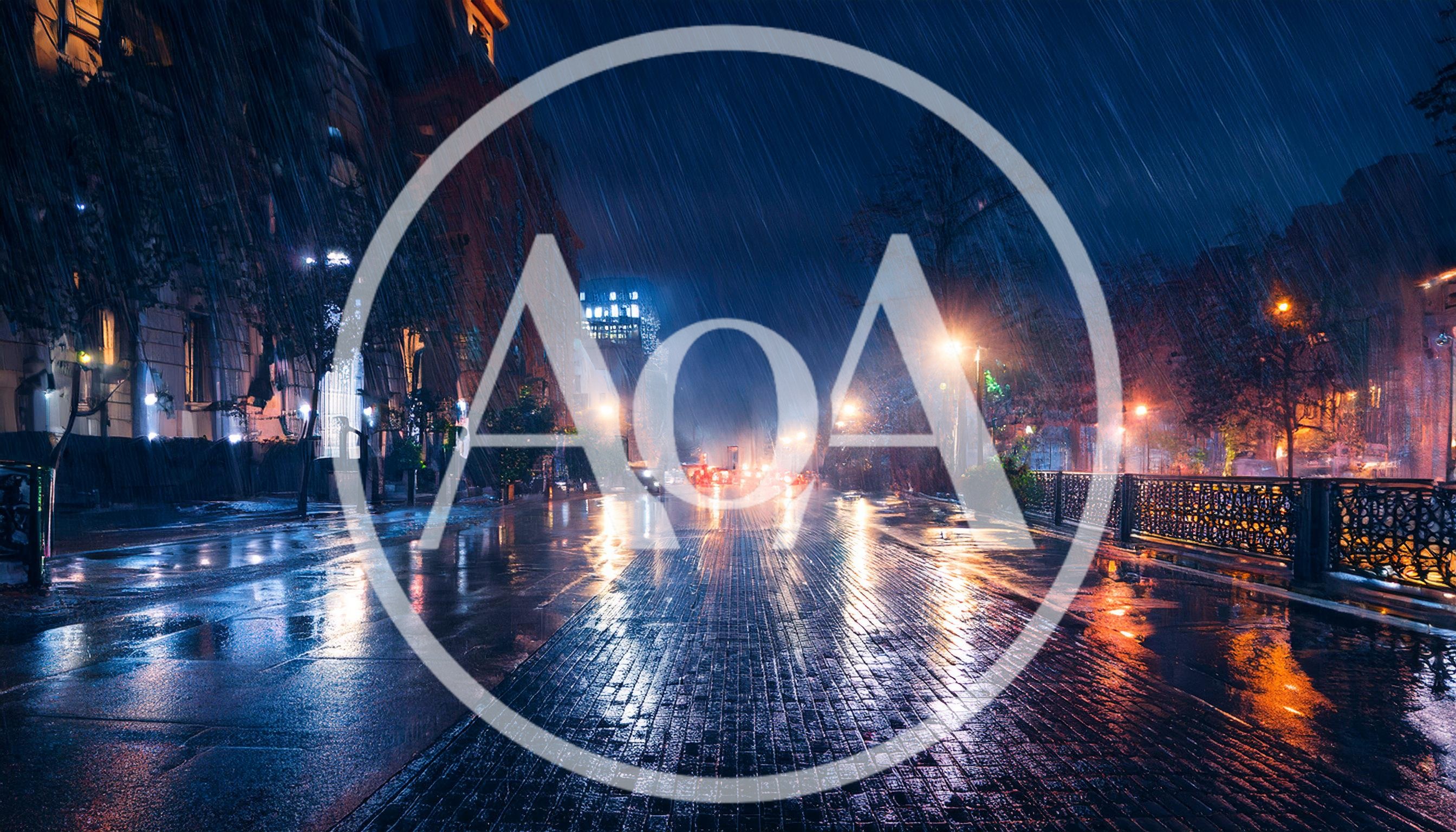 Rainy Night Street Scene With Wet Cobblestone Road