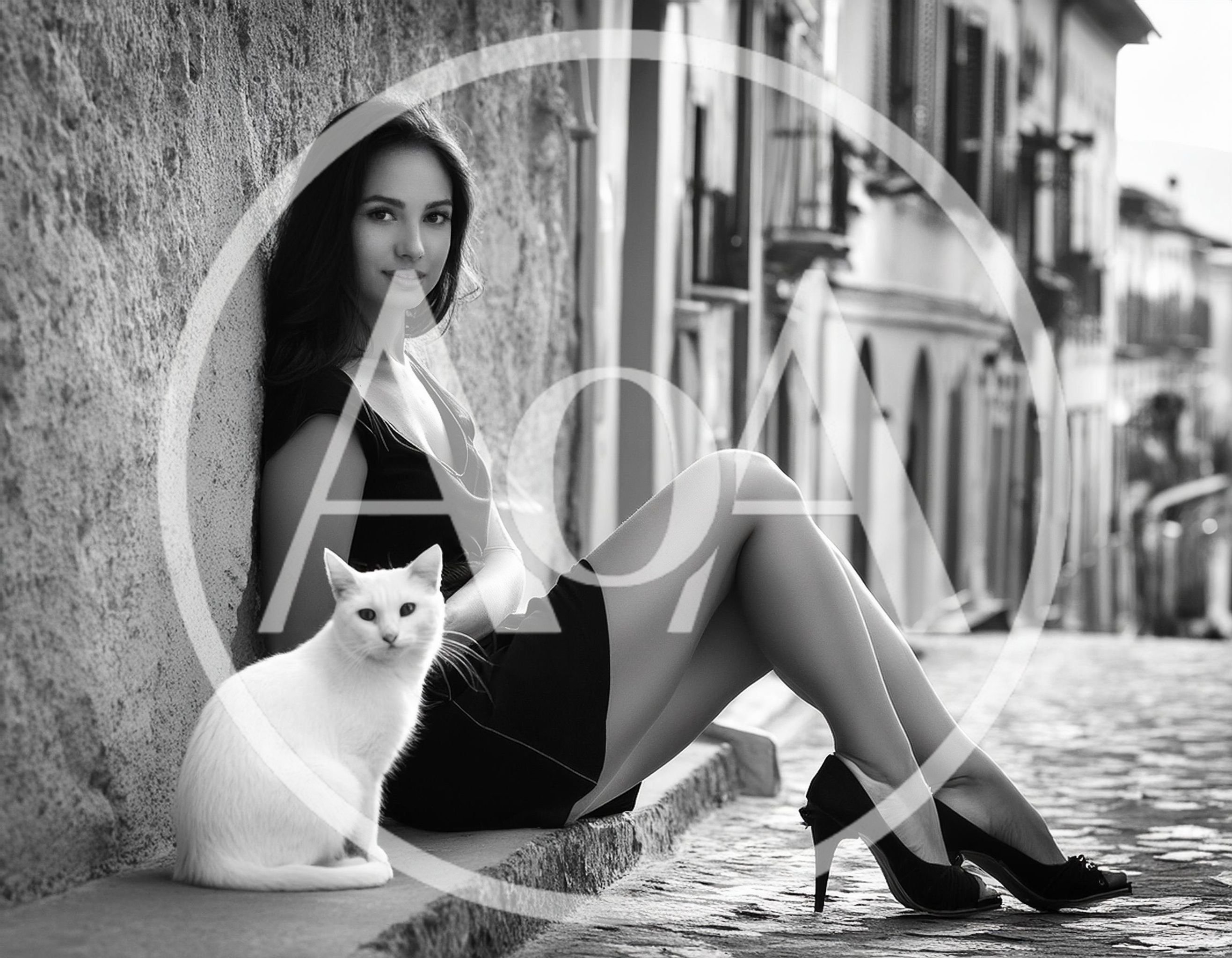 Elegant Woman Sitting With White Cat On Cobblestone Street