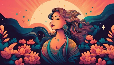 Stylized Illustration Of A Woman Amidst Floral Blooms