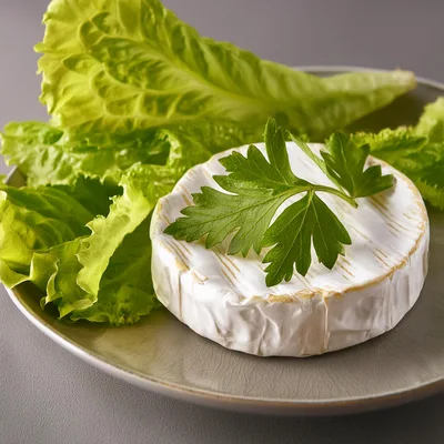 Camembert Cheese Wheel With Fresh Lettuce And Parsley