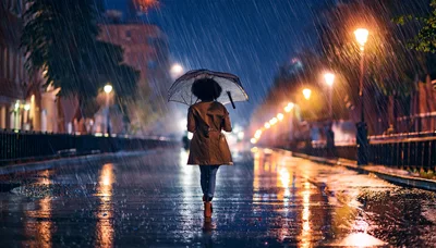 Woman Walking With Umbrella In Heavy Rain At Night